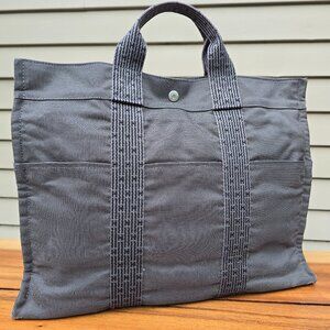 Hermes Black/Grey Canvas Herline MM Tote Bag